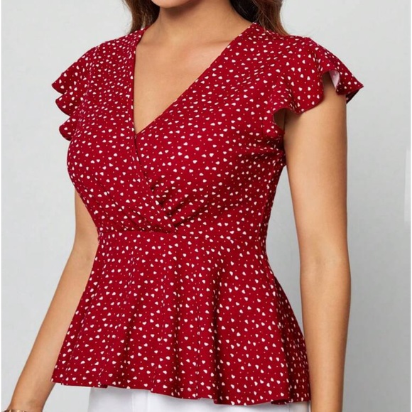 Red Heart Print Plunge V Neck Top Blouse Shirt - Picture 4 of 6